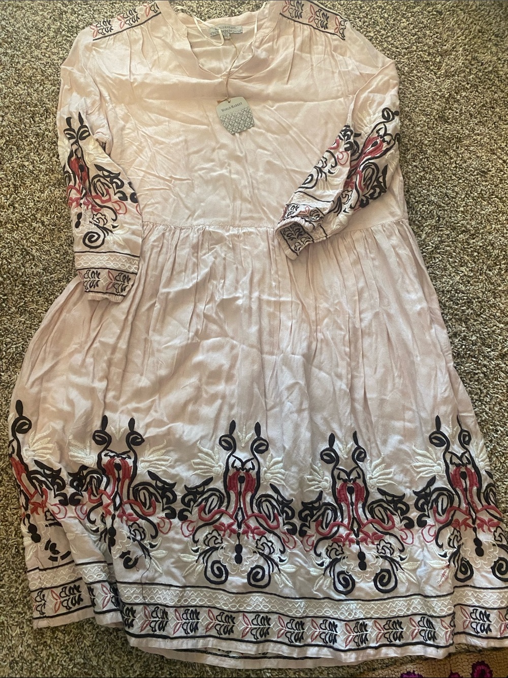NWT World Market Light Pink Embroidered Dress w/ Pockets